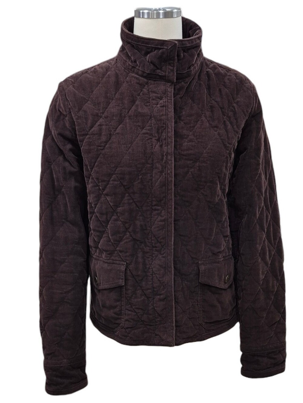 Eddie Bauer jacket women's large brown quilted corduroy zip snap close high neck